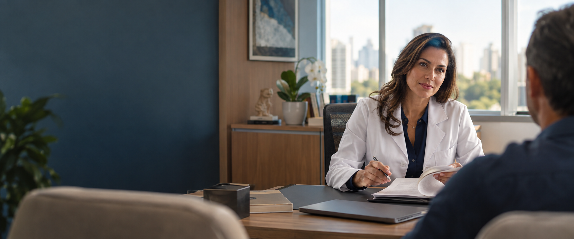Médica perita conversando com um paciente em consultório